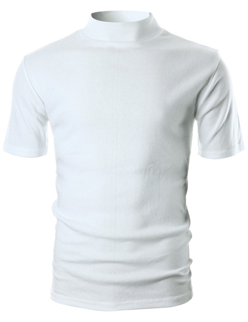 Ohoo Mens Short Sleeve Mock Turtleneck Basic Tops Lightweight Slim Fit Cotton Pullover Sweater / DCT105-WHITE-S - Image 2